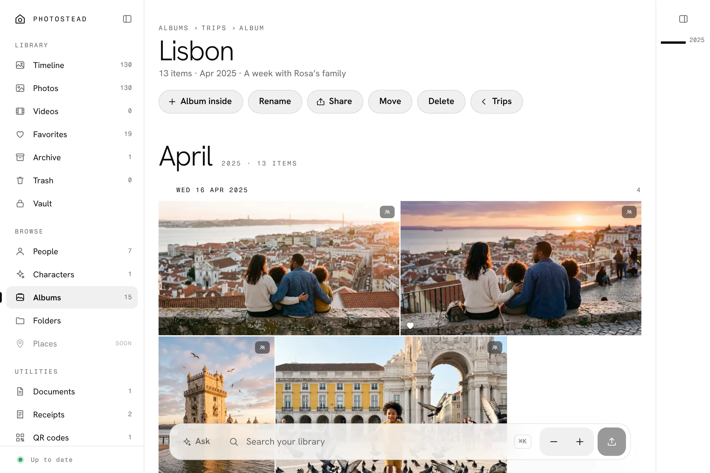 An album of a family trip to Lisbon in Photostead, light mode.